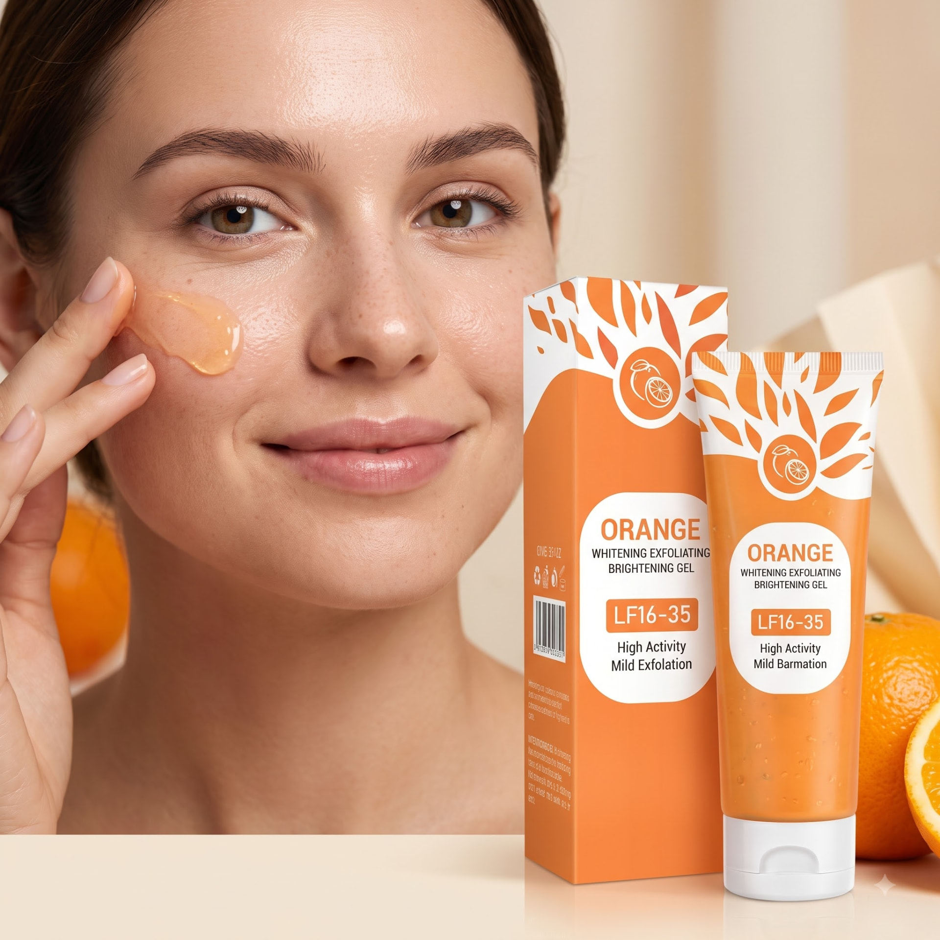 YORVICA Orange Enzyme Exfoliating Gel tube and carton with fresh oranges